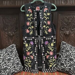 Johnny Was Black Vest with Floral Embroidery